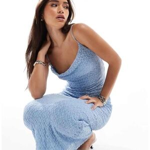 Bershka Women's Baby Blue Cowl Neck Lace Overlay Maxi Dress
